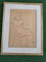 Dessin E. Chambon 45 portrait femme sur chaises  encadré 