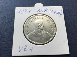 5 Franken Silbermünze 1931 m.13 * Ü. Kopf VZ