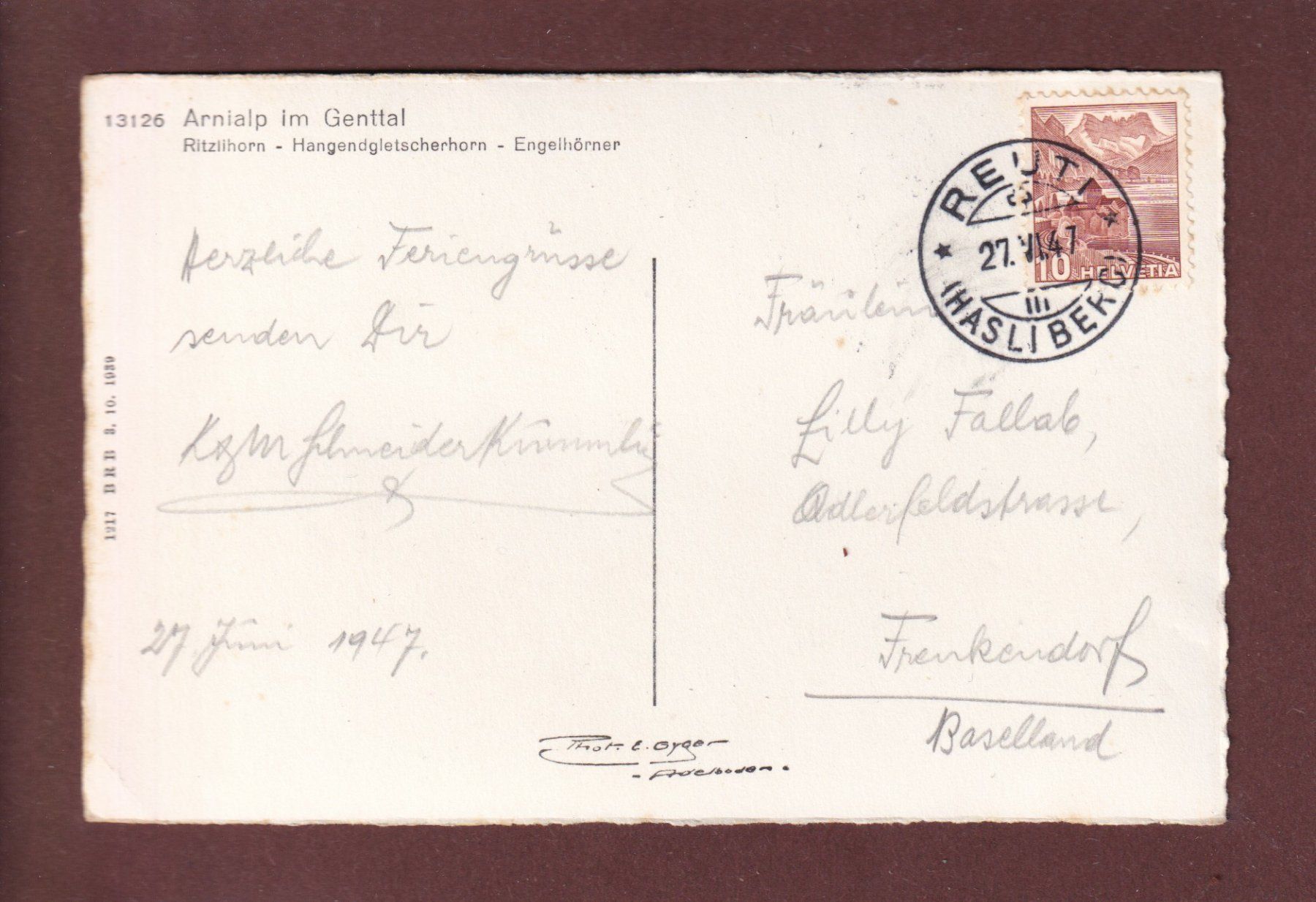 Cartoline postali: ARNIALP im Genttal - 1947 – Usato da Pully venduto da nicecards 1