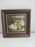 Vintage Needlepoint Swan Family Framed Art - Charming!