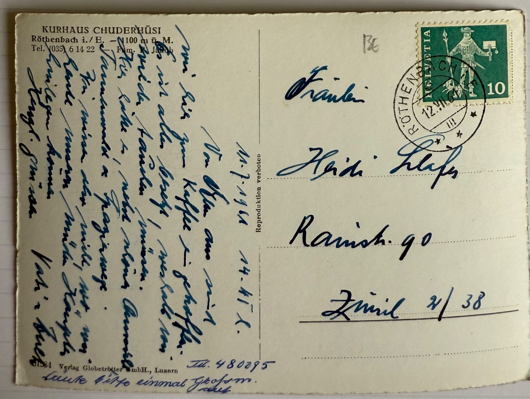 Cartoline postali: RÖTHENBACH i/E, Chuderhüsi 1961 – Usato da Lutry venduto da Ediego 1