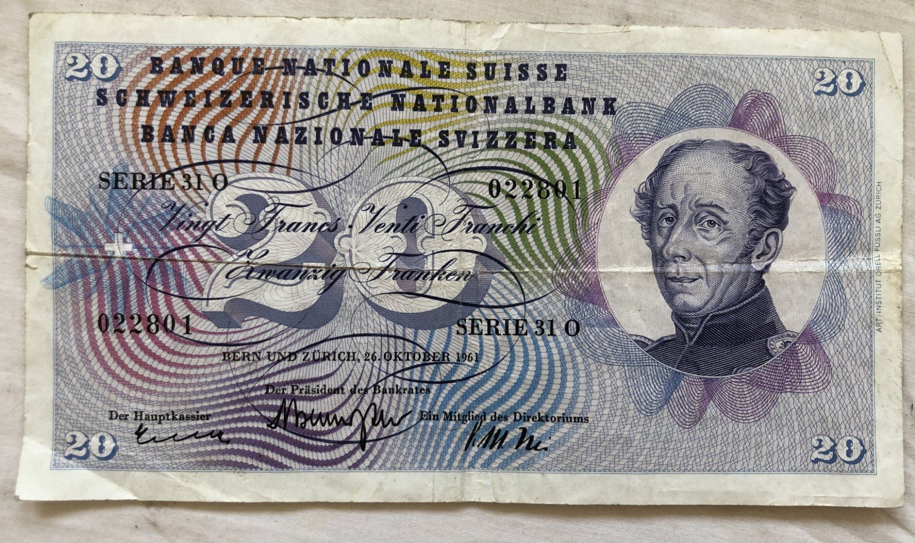 Banknoten: Schweizer Banknote - 20 Franken - 1961 – Gebraucht aus Schaffhausen von durruti