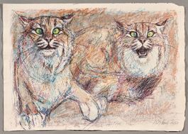 Zwei Wildkatzen, Lithographie von Fritz Hug, handsigniert