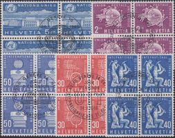 1955-63, Sammlung Genfer Ämter im Viererblock mit ET-Stempel