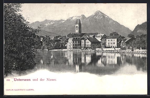 Cartoline postali: AK Unterseen, Panorama mit dem Niesen – Usato da Berlin venduto da bartko-reher