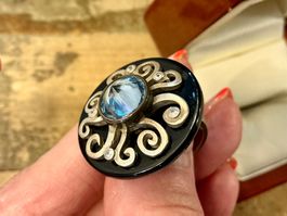 VINTAGE DESIGNERRING STERLING 925 AQUAMARIN, ONYX GR.57