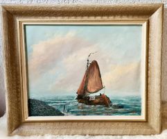 Tableau peinture à l'huile bateau voilier encadré