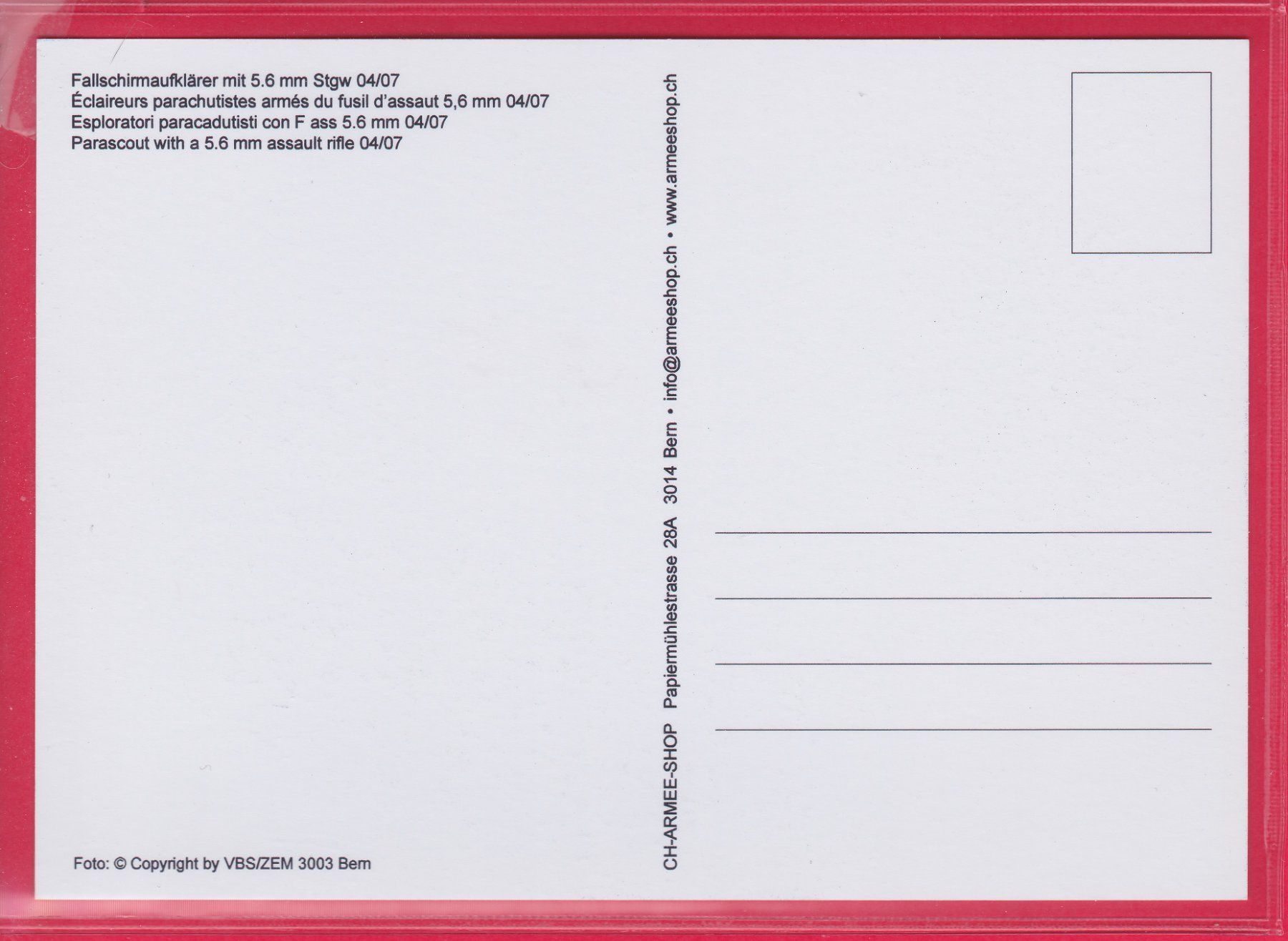 Cartoline postali: FALLSCHIRMAUFKLÄRER MIT 5.6mm STGW 04/07 – Usato da Oberrieden venduto da Gebirgsstelze 1