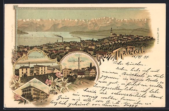 Cartoline postali: Litho Thalweil, Ortsansicht aus der Voge – Usato da Berlin venduto da bartko-reher