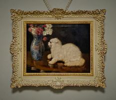 Großformatiges Vintage-Ölbild Perserkatze & Blumen, gerahmt