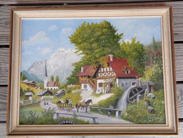 OELGEMÄLDE BERGDORF MIT KIRCHE UND WASSERRAD SIGNIERT