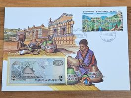 Notenbrief Bankfrische 2-Maloti-Banknote aus Lesotho