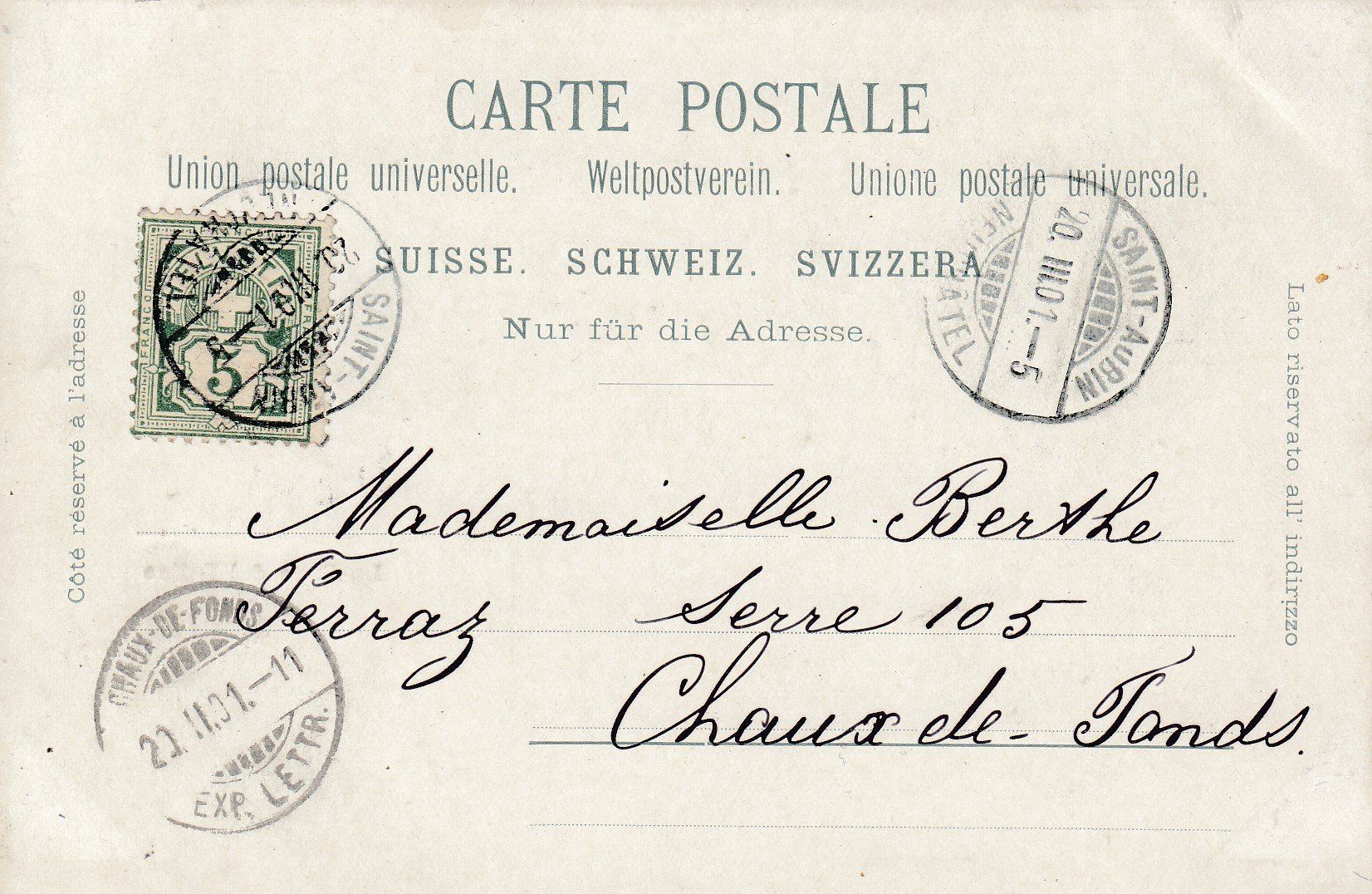 Cartoline postali: St. Aubin  NE        en 1901 – Usato da Brig venduto da Valcards54 1