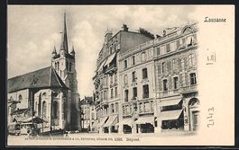 Lausanne, Strassenpartie mit Kirche und 
