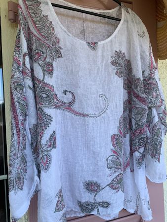 Superschöne, bedruckte Leinenbluse Gr.XXL
