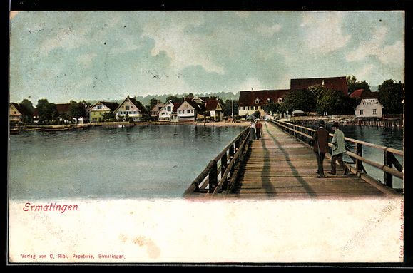 Cartoline postali: AK Ermatingen, Holzbrücke am See, 1910 – Usato da Berlin venduto da bartko-reher