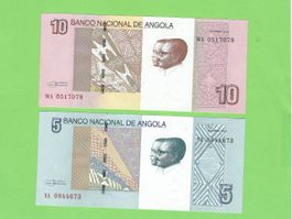 Angola Banknoten, 5 und 10 Kwanzas, Top Zustand, Selten