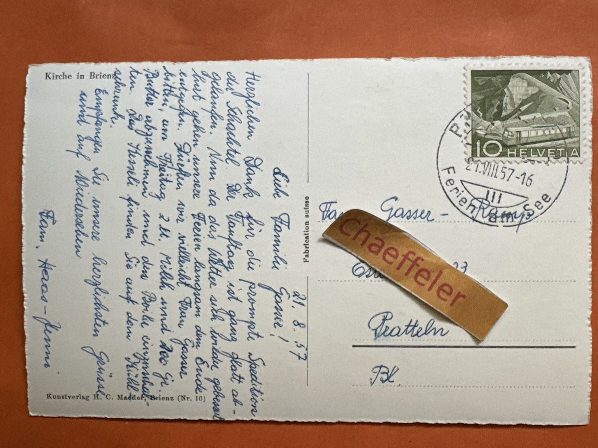 Cartoline postali: 1957  Brienz, Kirche – Usato da Zürich venduto da Chaeffeler 1