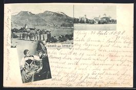 Spiez, Teilansicht, Uferpartie, Frau in 