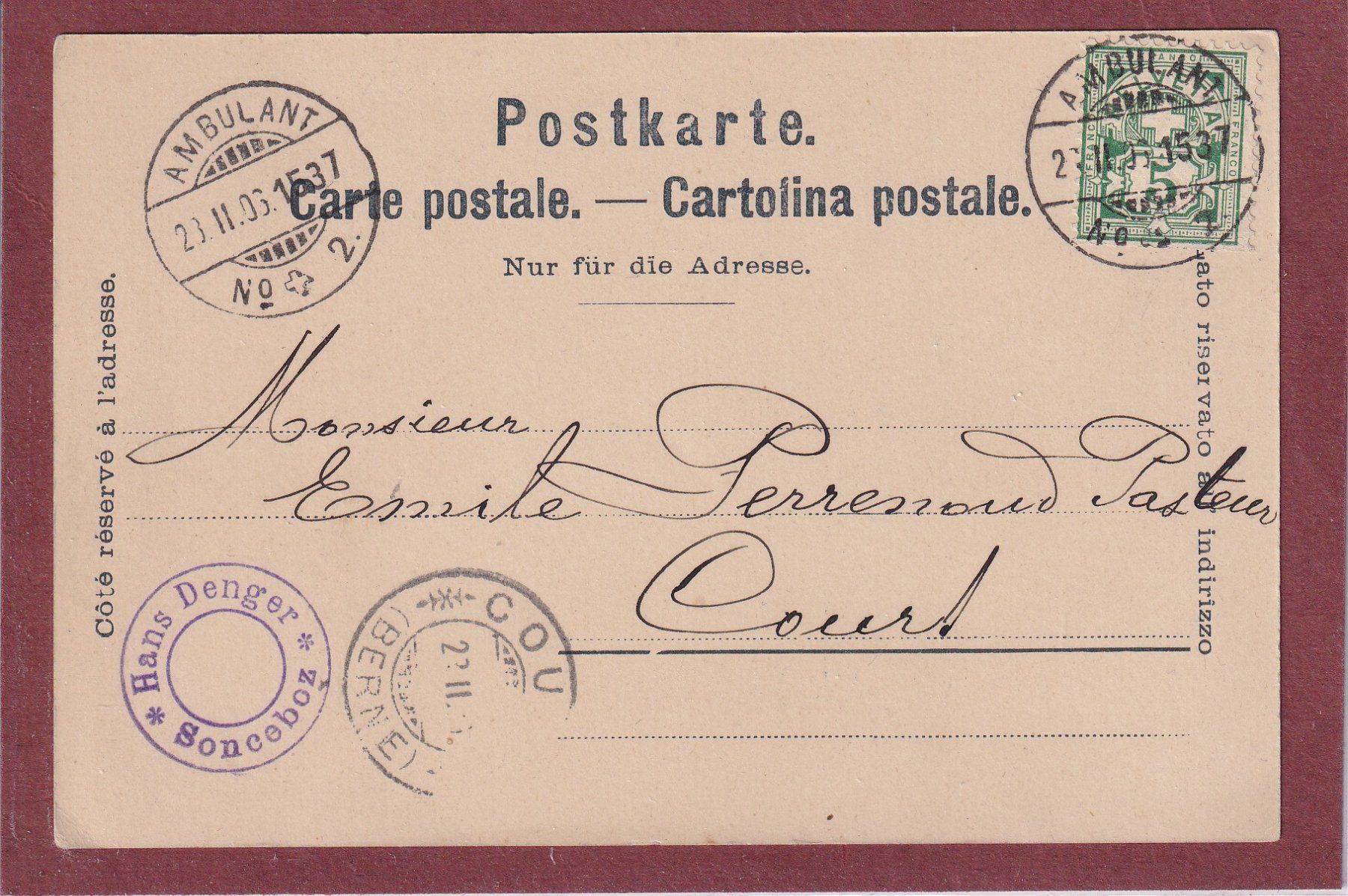 Ansichtskarten: Souvenir de Sonceboz - 1906 - Hans Denger – Gebraucht aus Orvin von Pyaeschli 1