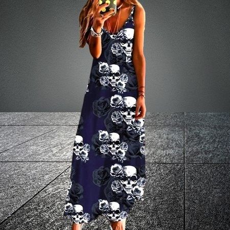 ☠️🌸 Stilvolles Maxi-Cami-Kleid mit Totenkopf & Blumen💙☠️