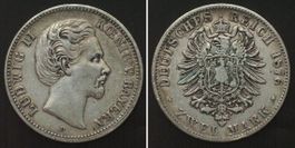 BAYERN 2 Mark 1876 D, LUDWIG II. Silber ss-vz