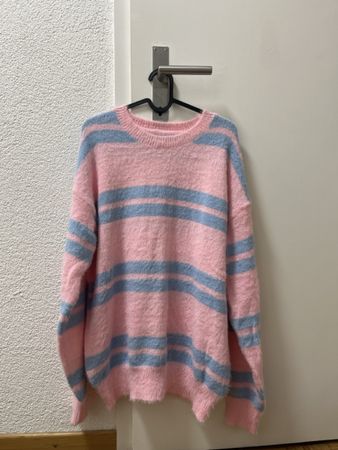 Flauschiger Pullover, gestreift, Gr. L, Pastellfarben