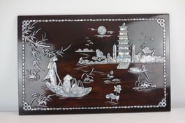 Asiatisches Lackbild mit Perlmutt Pagodenmotiv