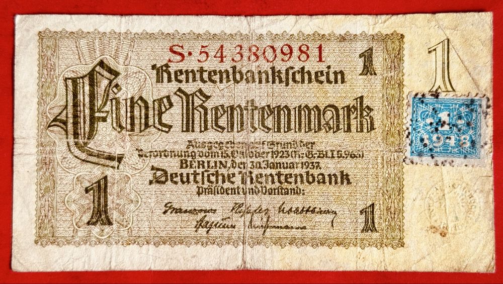 Alte 1 Rentenmark Geldschein, Berlin 1937, mit Briefmarken (Gebraucht ...