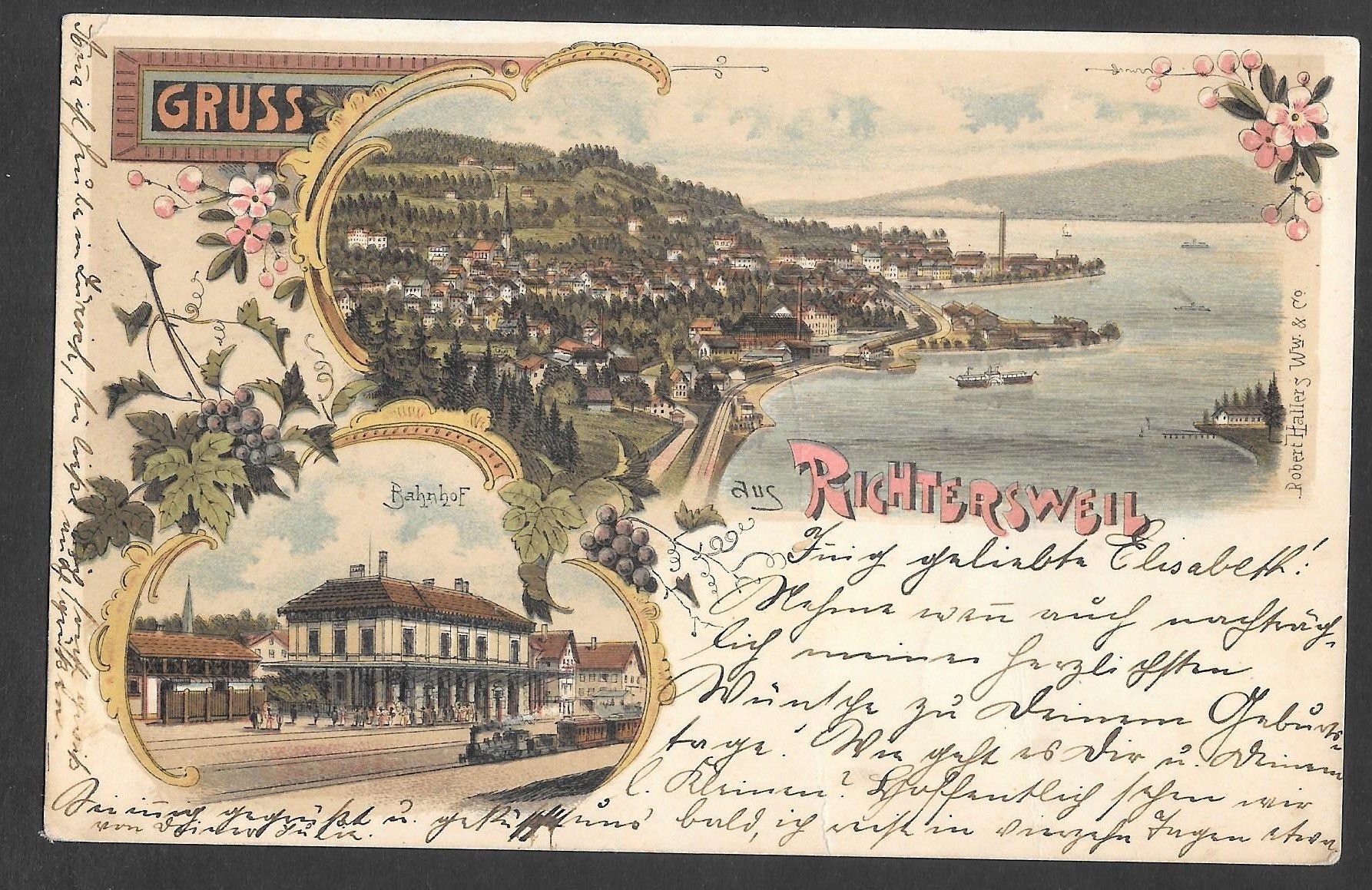 Cartoline postali: Richterswil farbige Lithografie mit Bahnhof – Usato da Olten venduto da clotaldi
