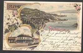 Richterswil farbige Lithografie mit Bahnhof