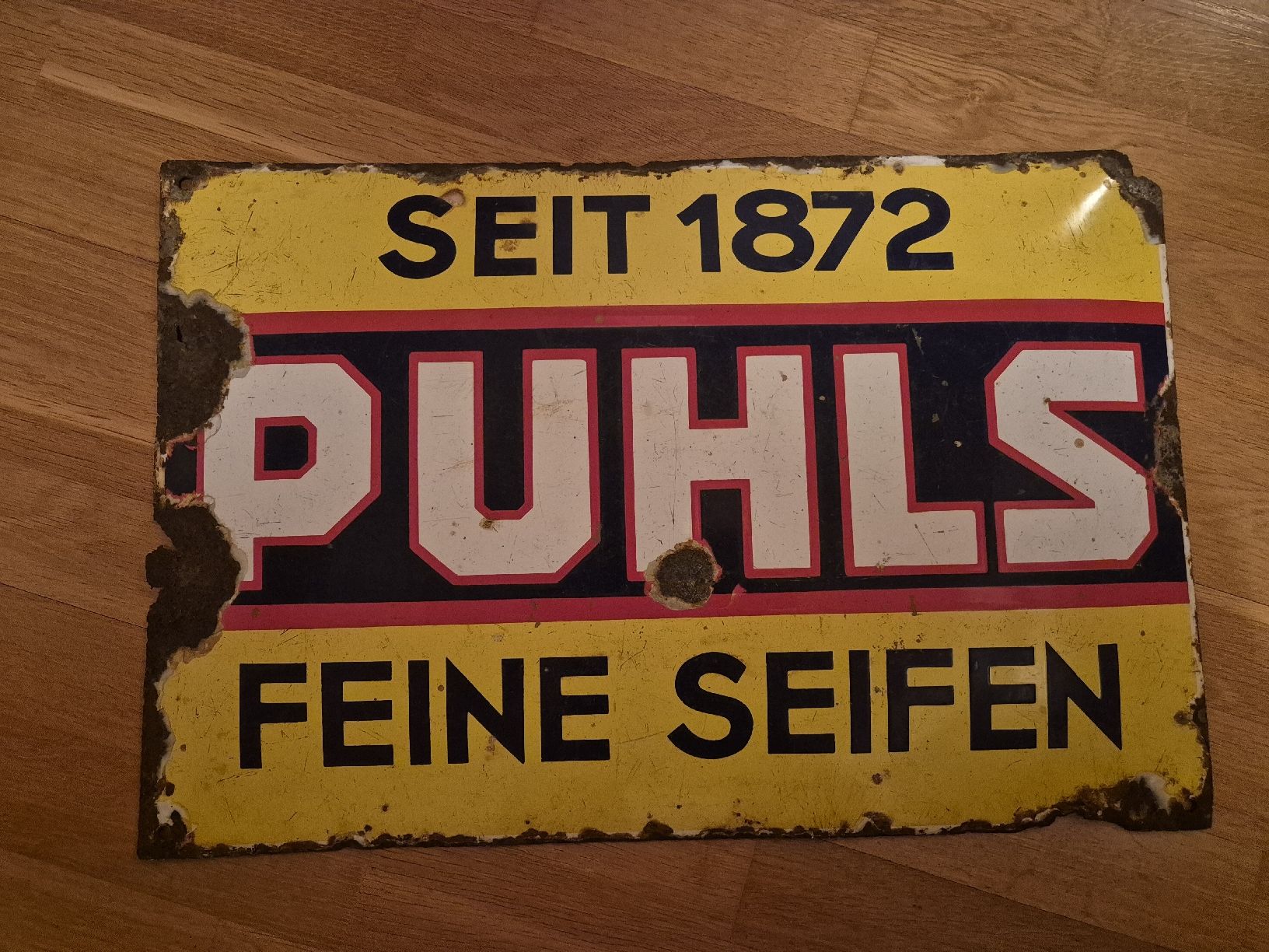 Insegne: Emailschild Puhls feine Seifen seit 1872 – Usato da Hitzkirch venduto da VintageForst 1