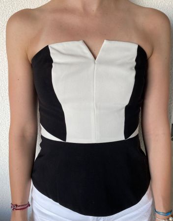 H&M schulterfreies Top schwarz/weiss 34