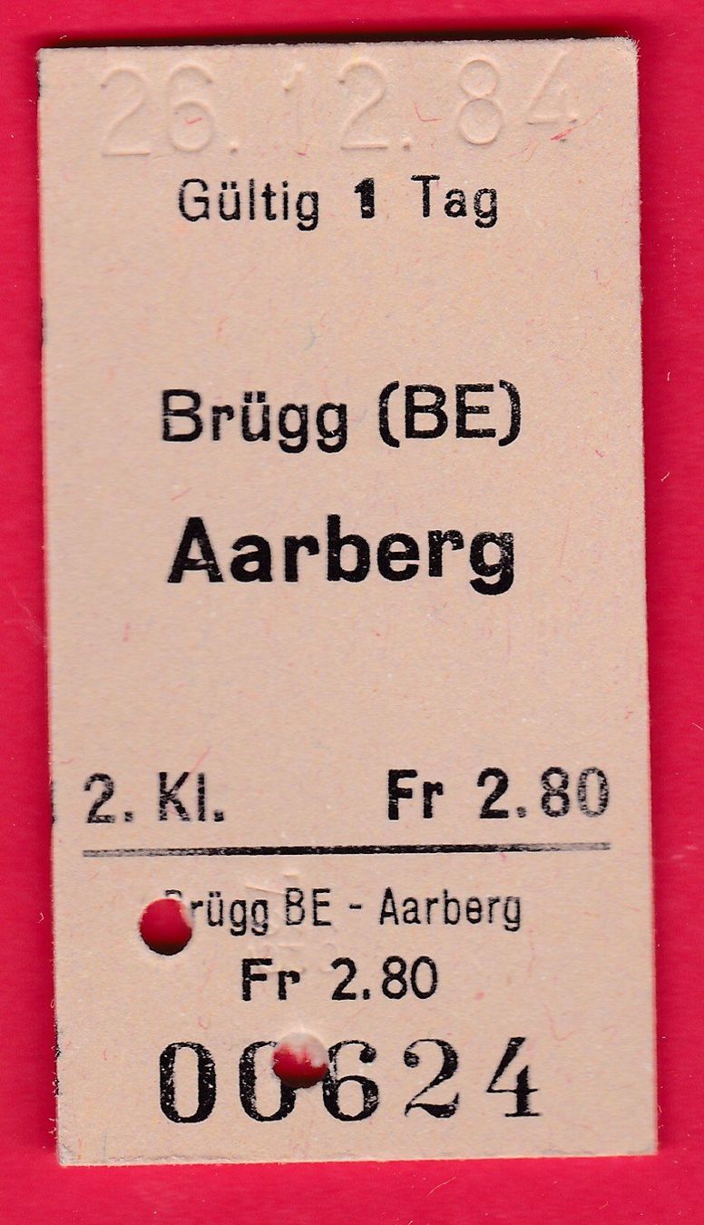 Biglietti: KARTON BILLETT, BRÜGG - AARBERG, 2.KLASSE, EINFACH, 1984 – Usato da Oberrieden venduto da Gebirgsstelze