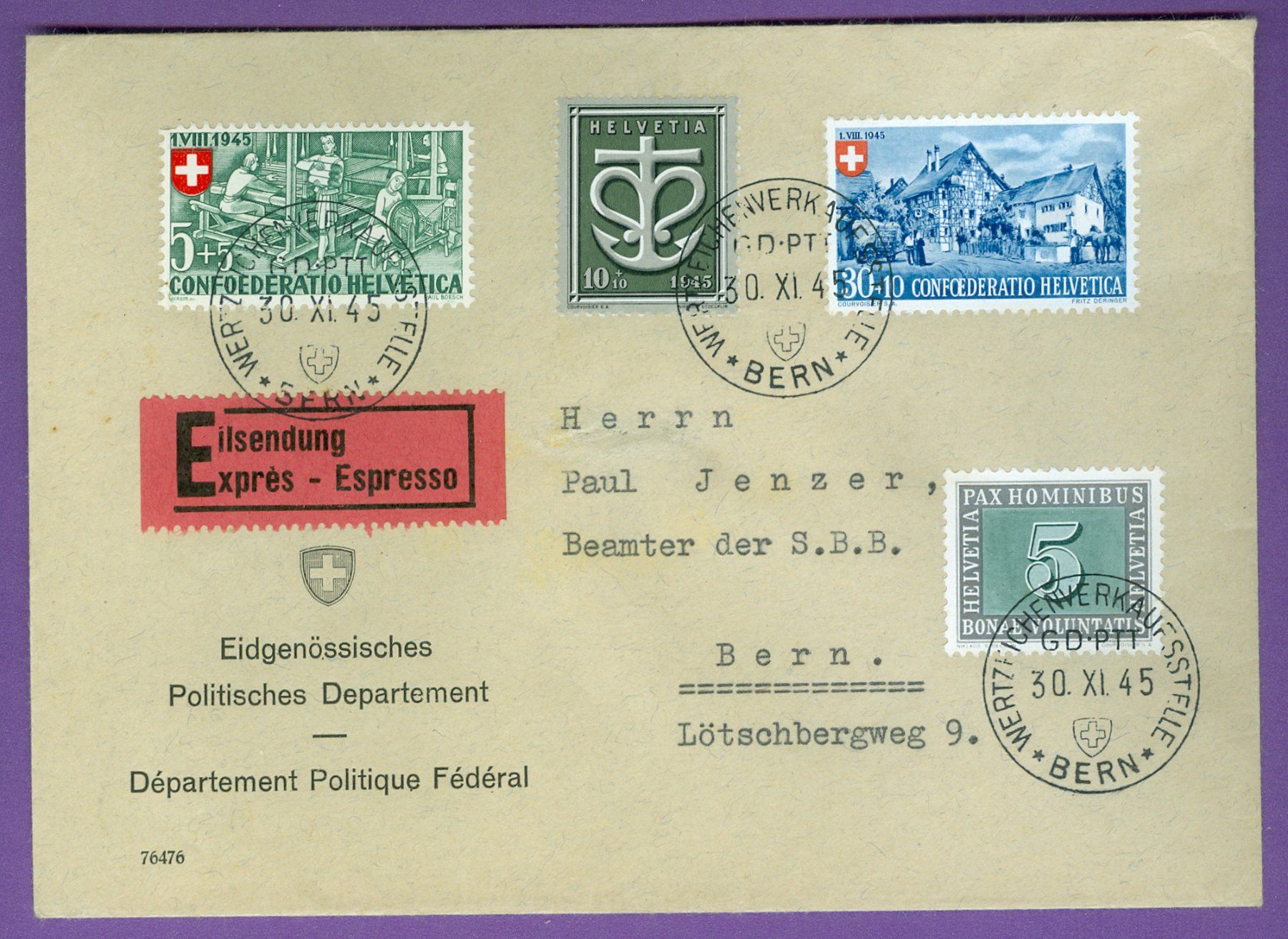Tutti i francobolli: 1945 Schweiz Bedarfspost – Usato da Zürich venduto da yago-rot