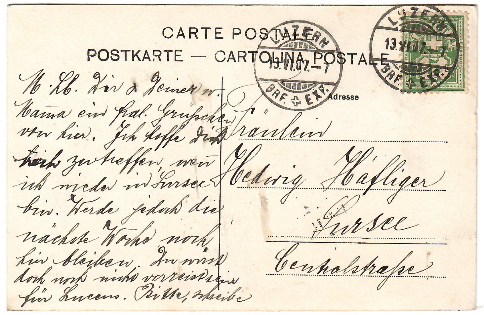 Cartoline postali: Ansichtskarte  Luzern, Postgebäude und Hotel du Lac – Usato da Kerns venduto da etma3 1