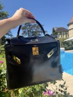 Vintage Hermès Kelly 28 aus schwarzem Box-Leder