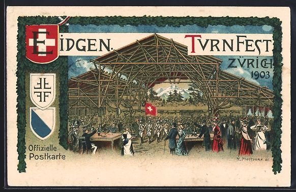 Cartoline postali: K. Mossdorf: Zürich, Eidgen. Turnfest 1 – Usato da Berlin venduto da bartko-reher