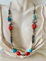 Boho-Ethno Long Kette – Türkis & Koralle – Vintage 62 cm