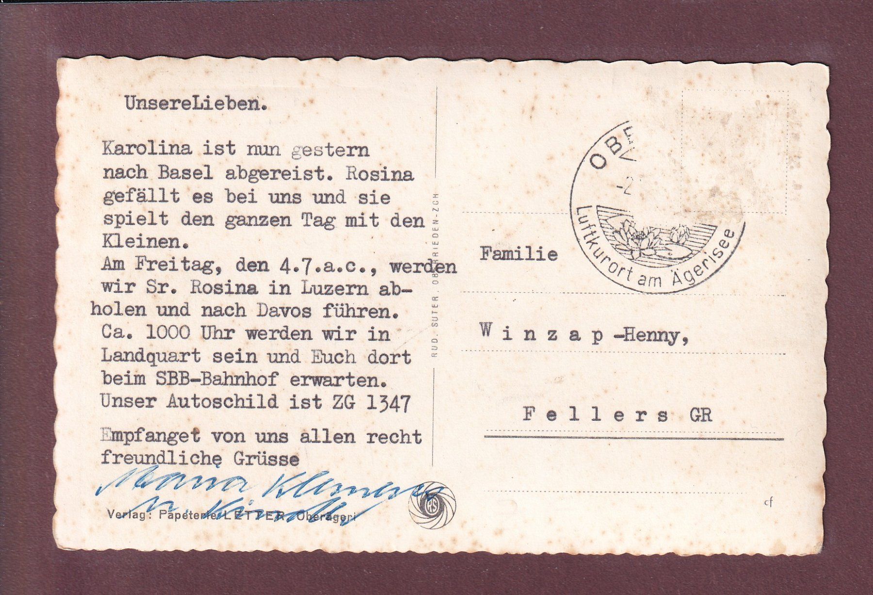 Ansichtskarten: OBERÄGERI – Gebraucht aus Pully von nicecards 1