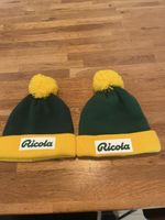 2 Ricola Mützen mit Bommel grün gelb neuwertig