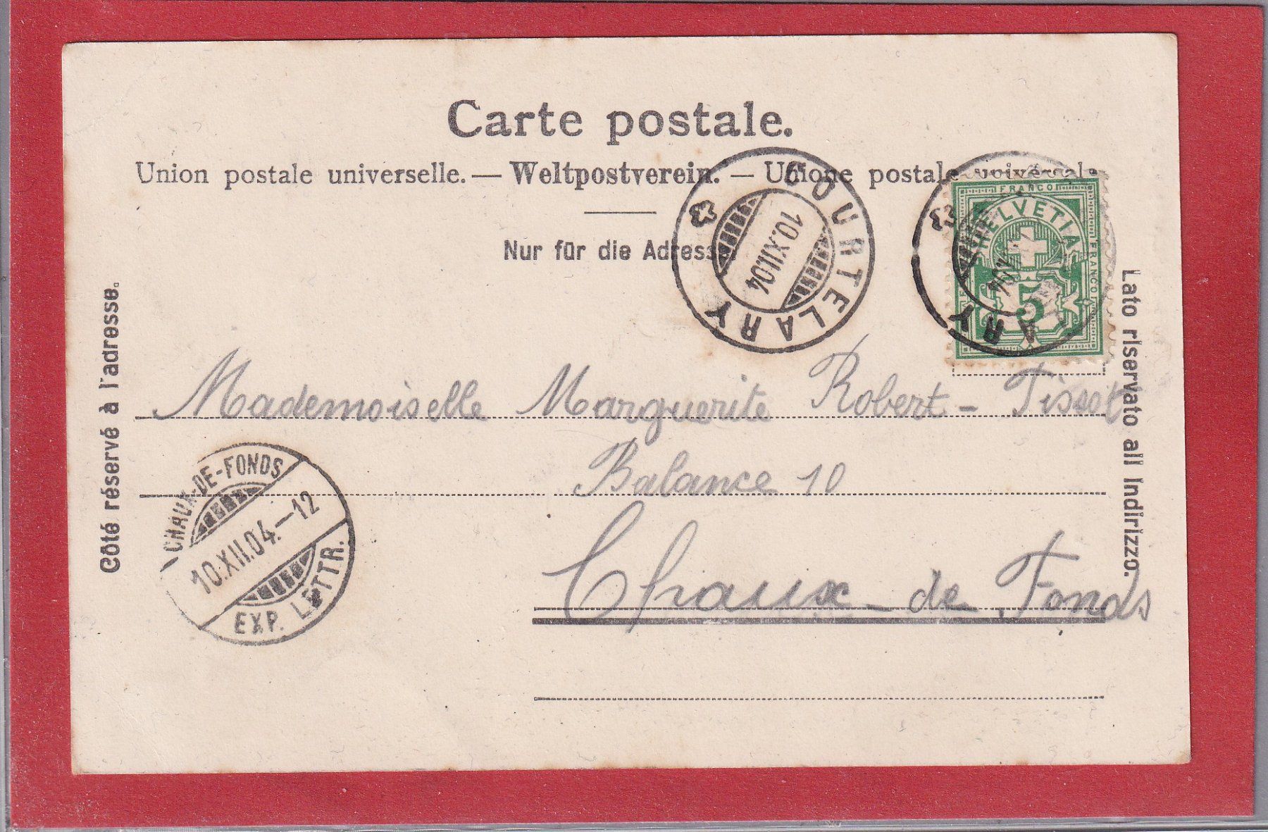 Cartoline postali: Courtelary - Eglise - 1904 – Usato da Orvin venduto da Pyaeschli 1