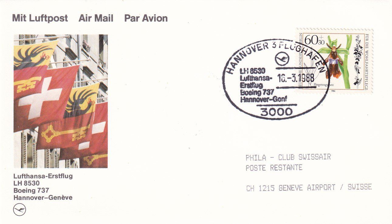 Tutti i francobolli: Messeflug Lufthansa Hannover - Genève 1988 – Usato da Baar venduto da Asmara111