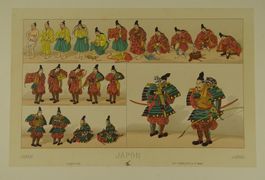 JAPAN, SAMURAI STEIGT IN RÜSTUNG, CHROMOLITHOGRAPHIE UM 1890