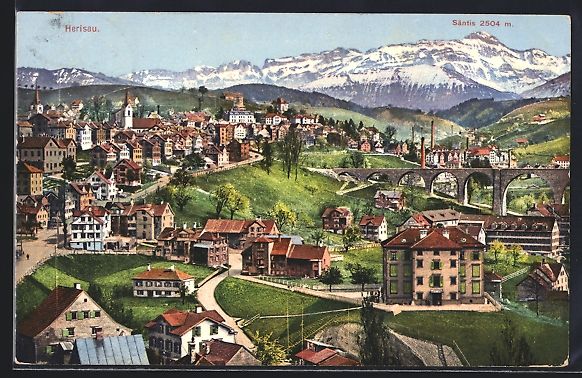 Cartoline postali: AK Herisau, Ortsansicht mit Säntis – Usato da Berlin venduto da bartko-reher