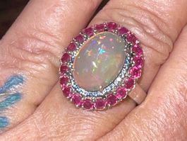 Large Semi-Black Opal Rubies & Sapphires SS925 14k Gold Ring