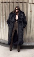 H&M Kunstfell Mantel Schwarz, Lang, Gr. S