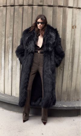 H&M Kunstfell Mantel Schwarz, Lang, Gr. S