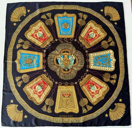 Superbe foulard HERMES-Paris "Poste et Cavalerie" 1987 + box