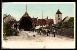 AK Aarberg, Teilansicht auf Ort mit Brücke, Kuhgespann mit B